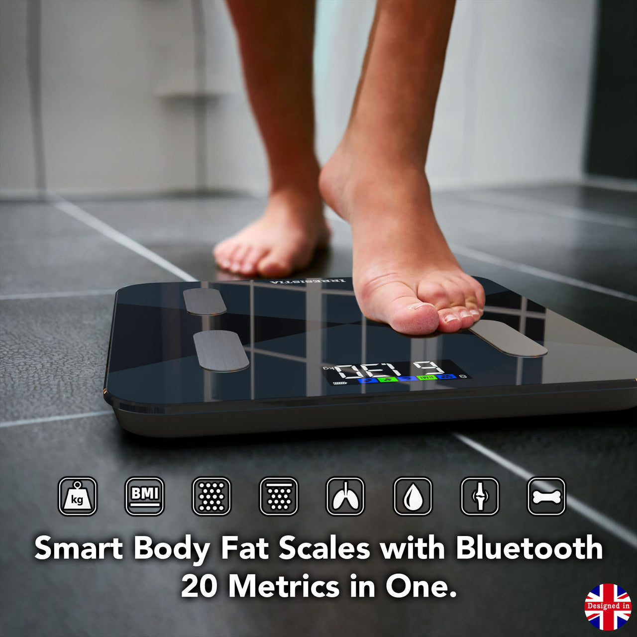 Smart Body Composition Scale with 6 On-Screen Indicators & 20 Metrics - GBEVA28i - Black